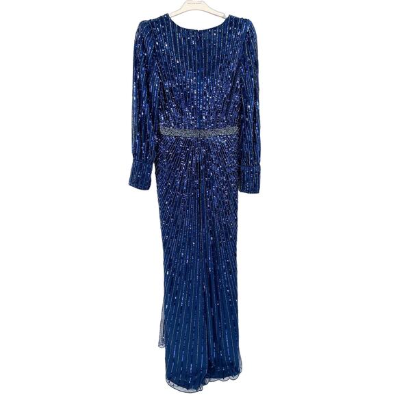 Mac Duggal 5501 Midnight Sequined Wrap Over Bishop Sleeve Gown Size 10 NWT - Picture 3 of 8